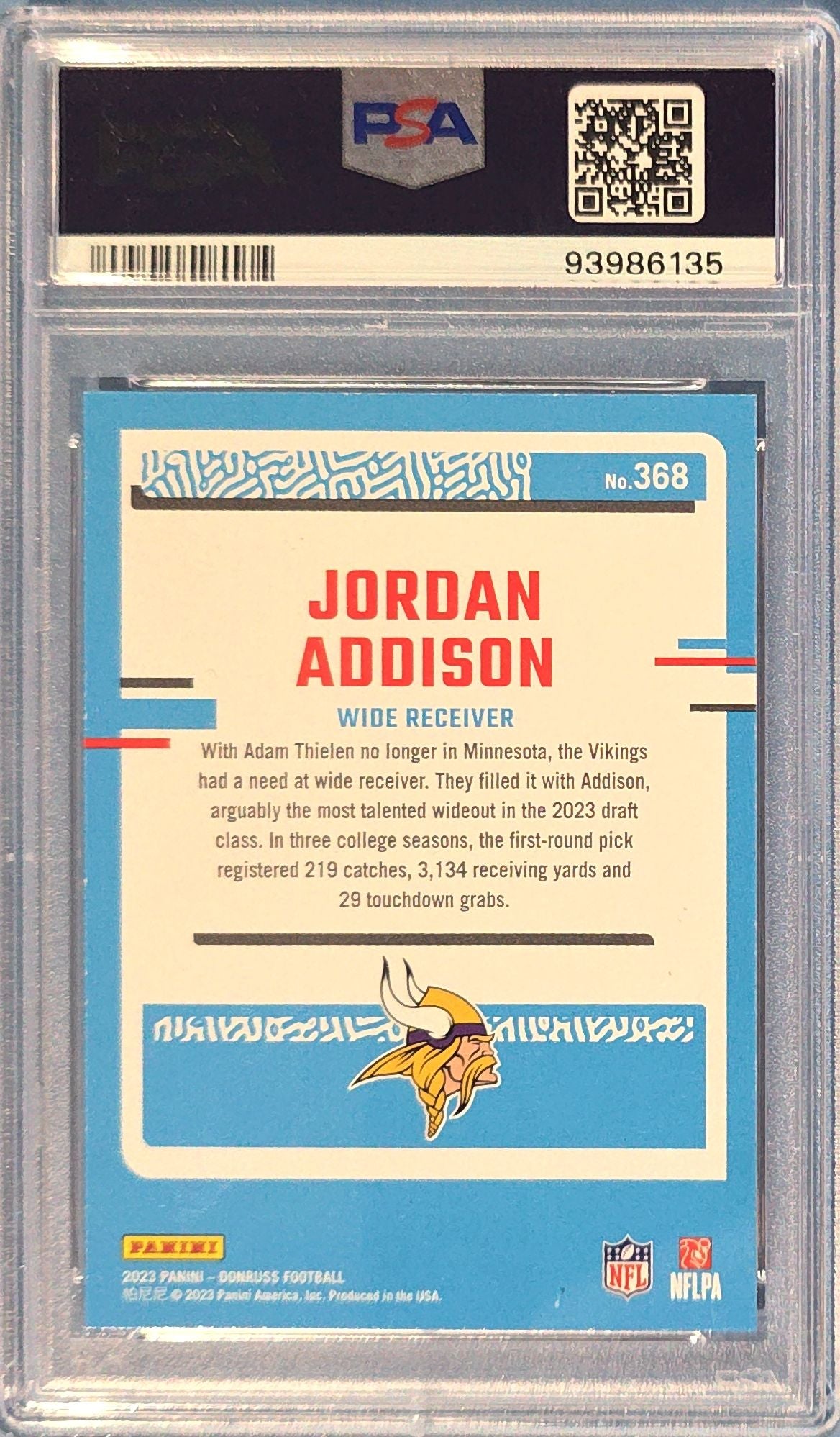 Jordan Addison 2023 Panini Donruss Rated Rookie #368 (RC) PSA 8