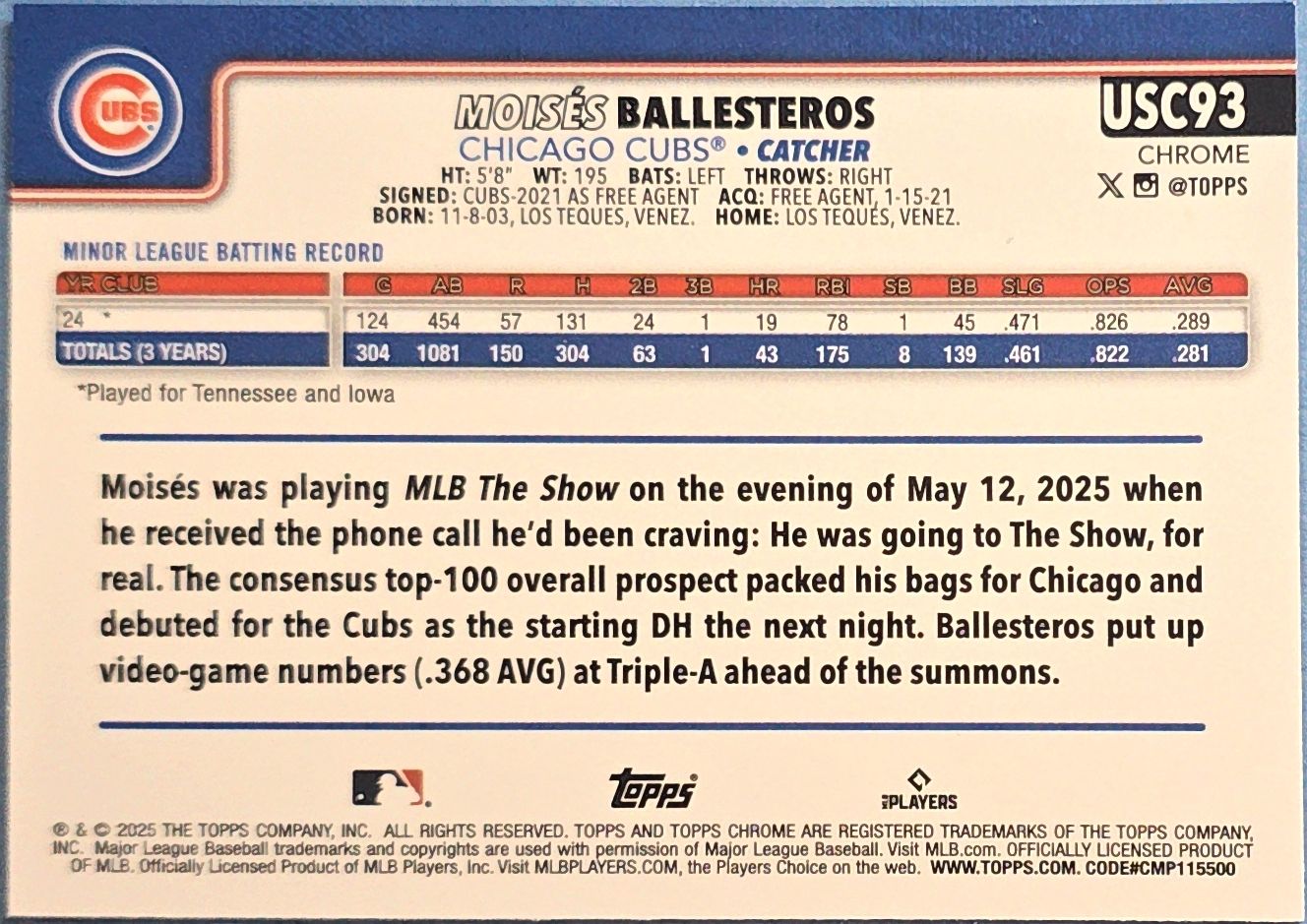 Moisés Ballesteros 2025 Topps Chrome Rookie X-Fractor #USC93 (RC)