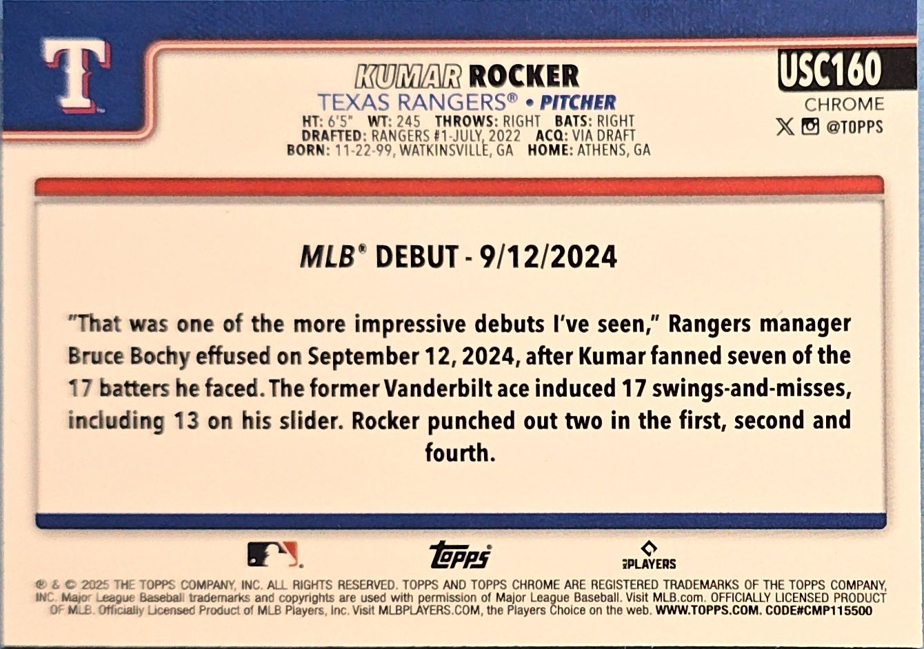 Kumar Rocker 2025 Topps Chrome Rookie Debut X-Fractor #USC160 (RC)