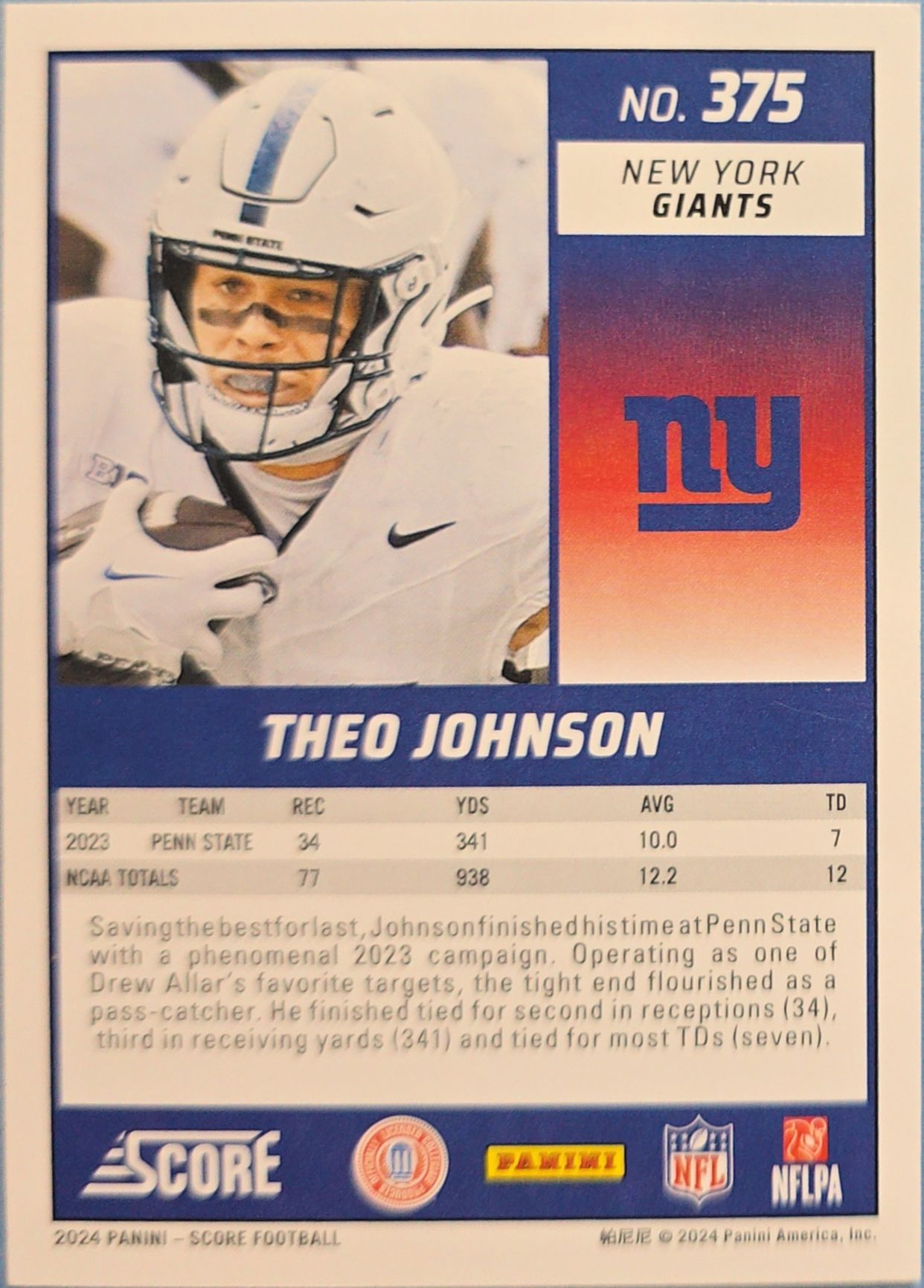 Theo Johnson 2024 Panini Score Rookie #375 (RC)