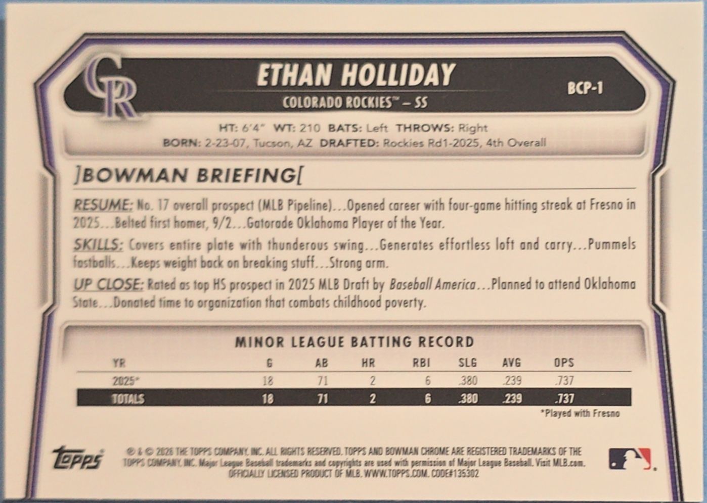 Ethan Holiday 2026 1st Bowman Chrome #BCP-1
