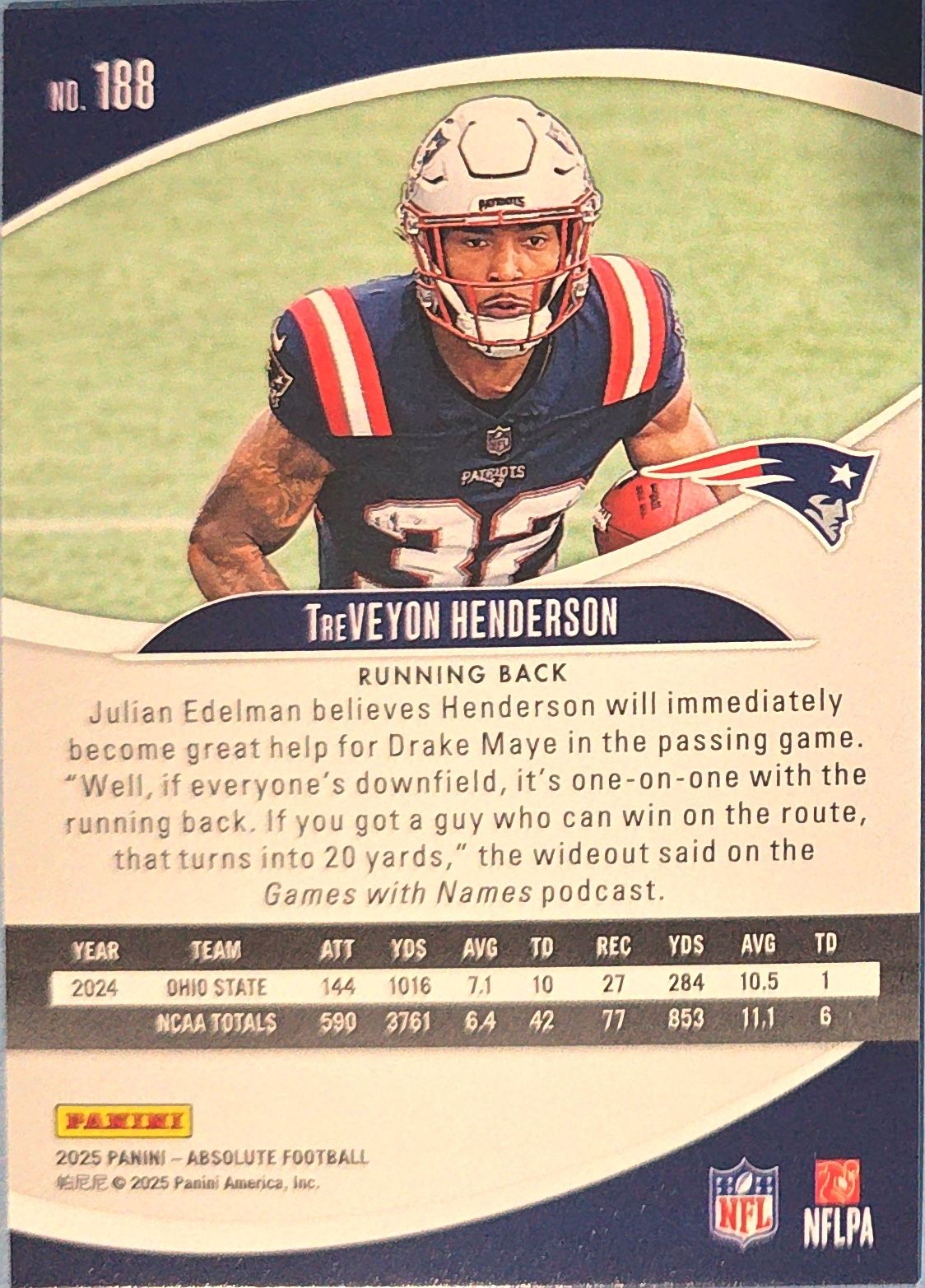 TreVeyon Henderson 2025 Panini Absolute Rookie #188 (RC)