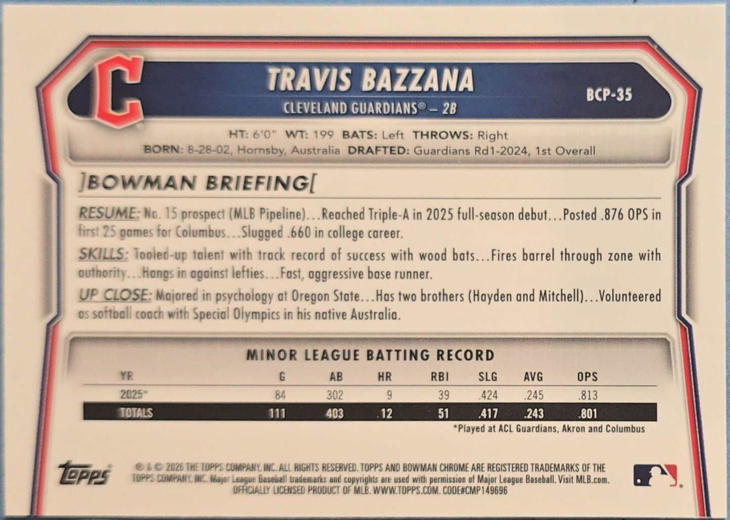 Travis Bazzana 2026 Bowman Chrome Mojo Refractor #BCP-35