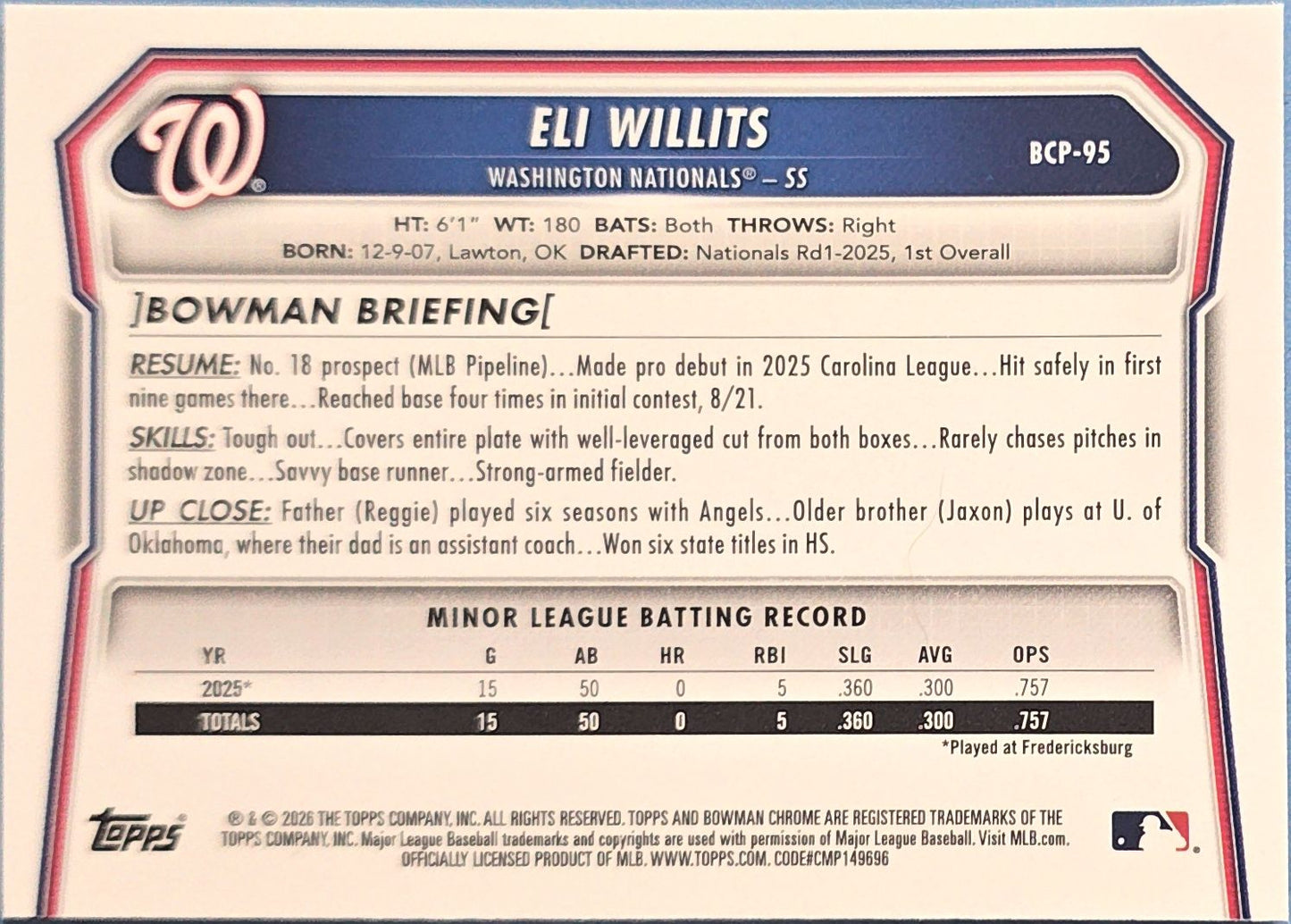 Eli Willits 2026 Bowman Chrome Prospects Mojo Refractor #BCP-95