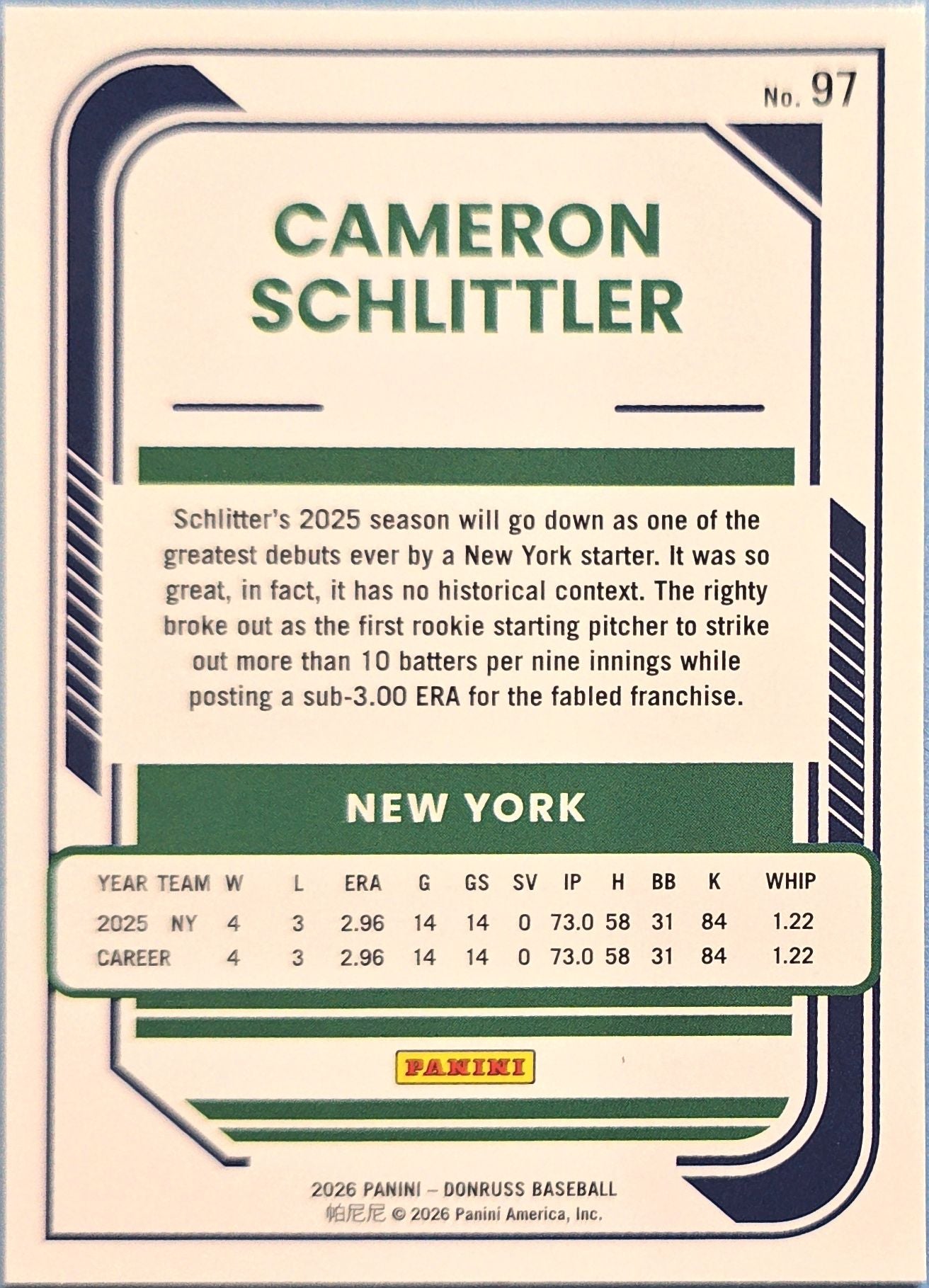 Cam Schlittler 2026 Panini Donruss Optic #97