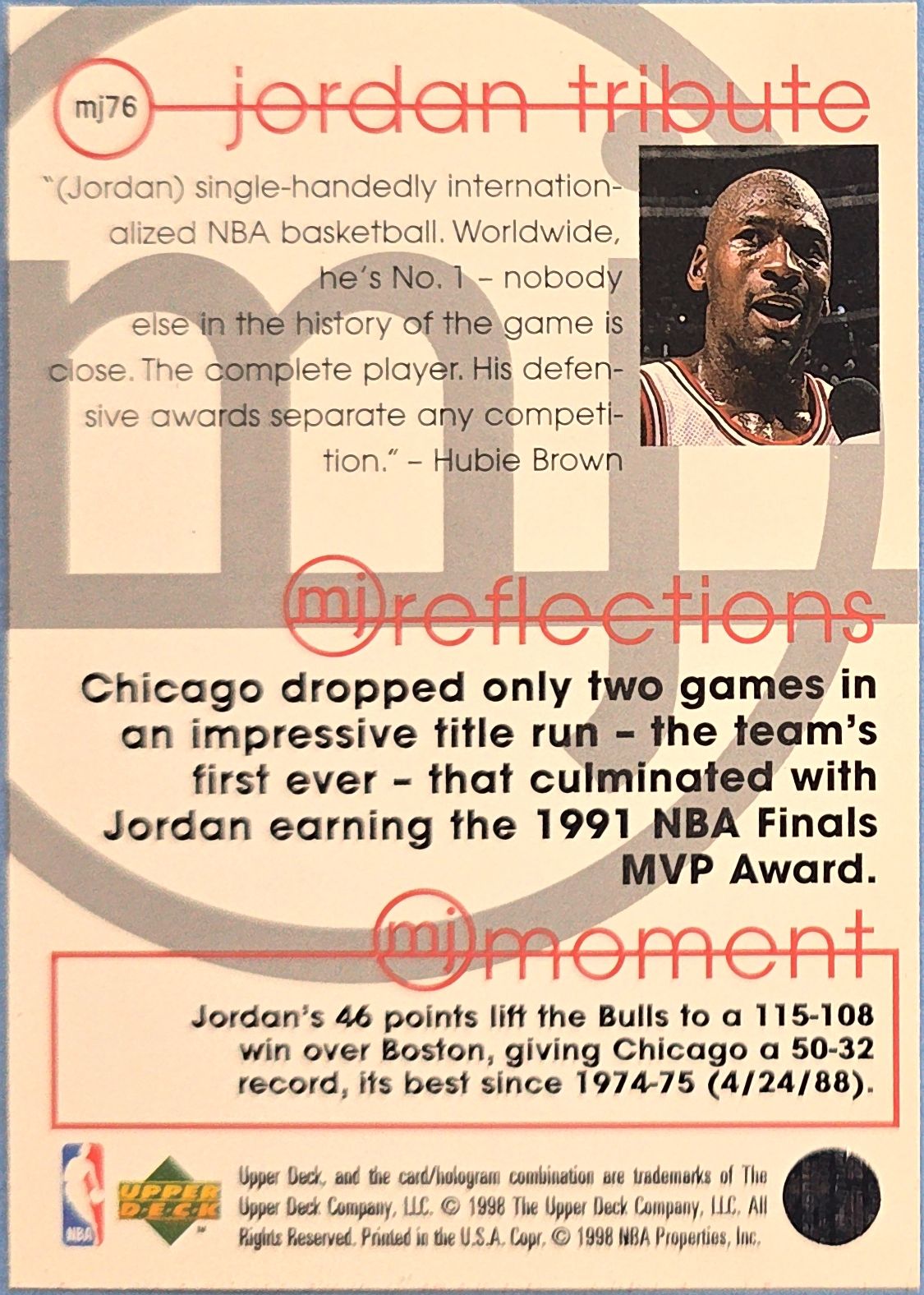 Michael Jordan 1998 Upper Deck Jordan Tribute #mj76