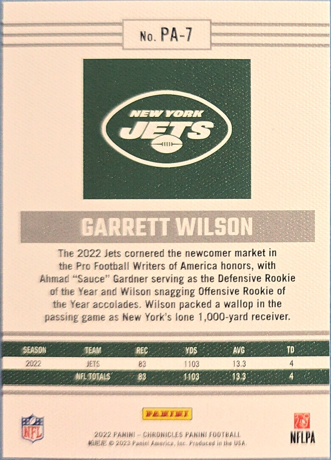 Garrett Wilson 2022 Panini Chronicles Rookie #PA-7 (RC)