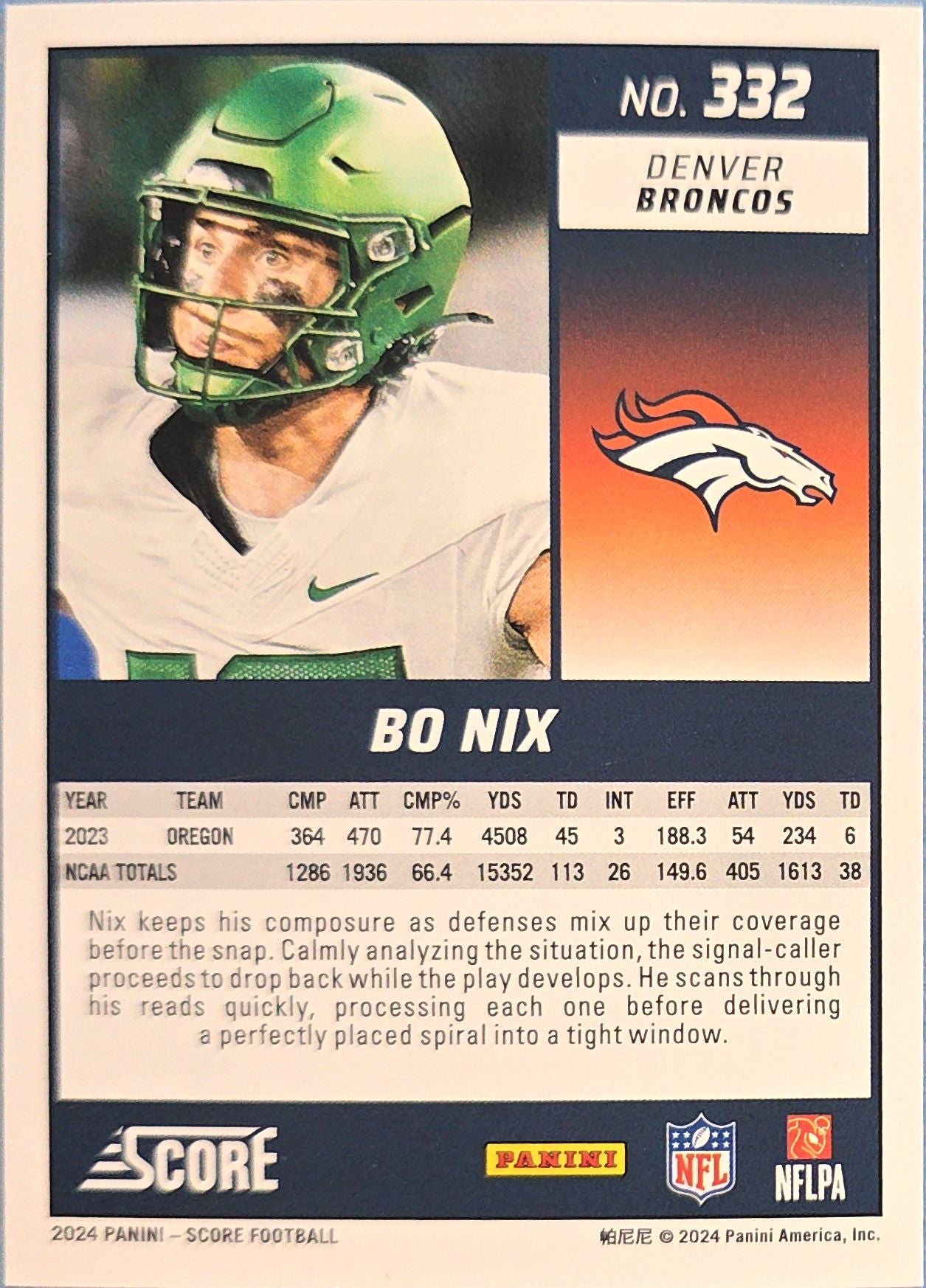 Bo Nix 2024 Panini Score Rookie #332 (RC)