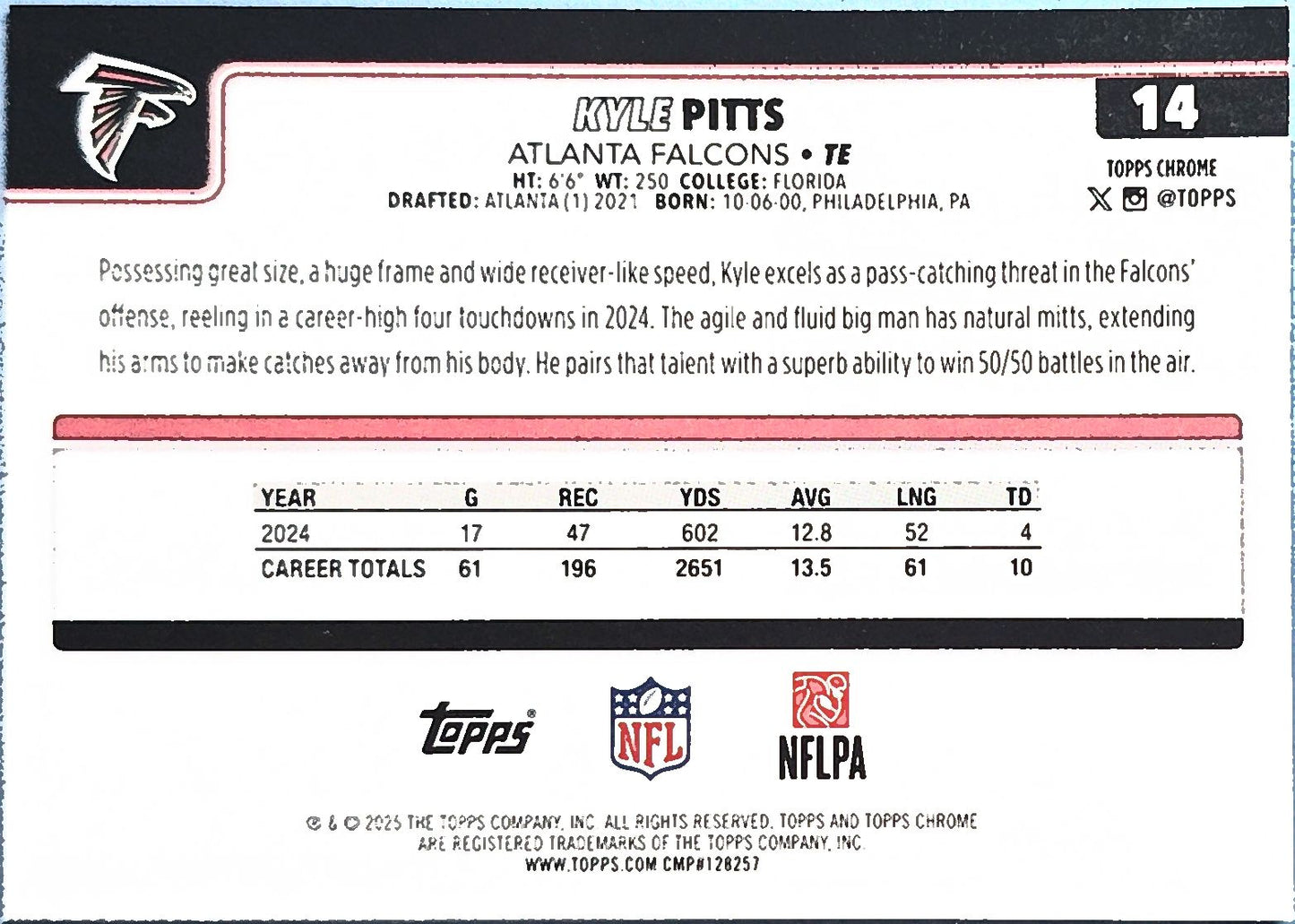 Kyle Pitts 2025 Topps Chrome Hot Pink X-Fractor #14
