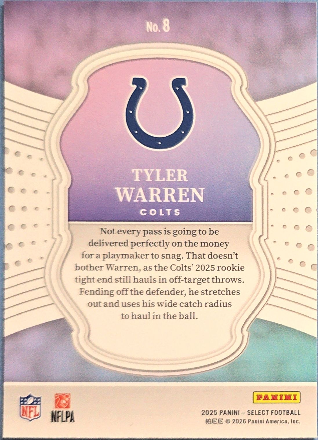 Tyler Warren 2025 Panini Select Certifies Rookie #8 (RC)