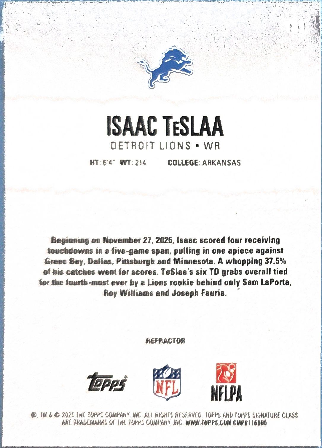 Isaac TeSlaa 2025 Topps Signature Class Chrome Refractor Rookie #131 (RC)