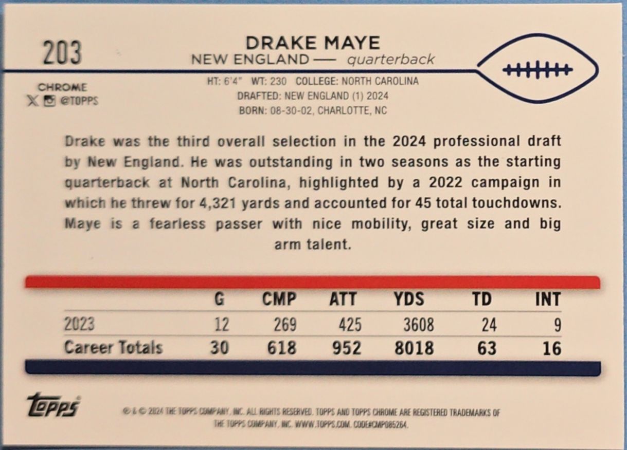 Drake Maye 2024 Topps Chrome Rookie #203 (RC)