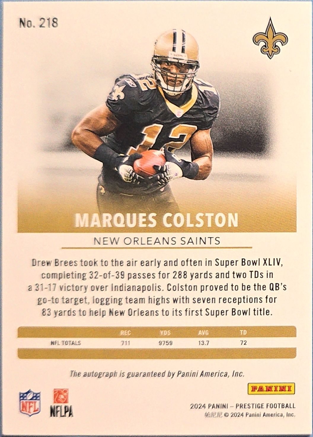Marques Colston 2024 Panini Prestige Xtra Points Premium Pink Signature #218 Auto /25