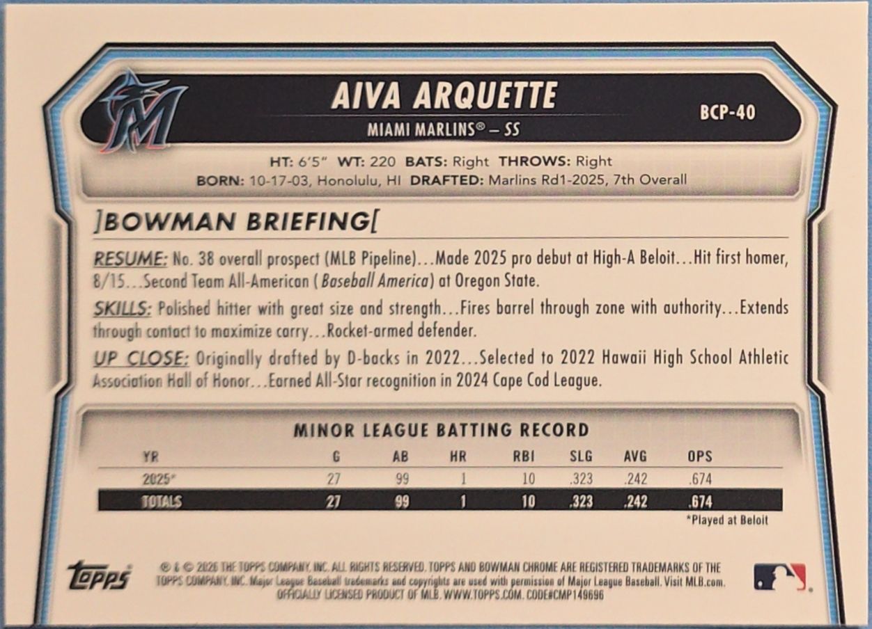 Aiva Arquette 2026 1st Bowman Chrome Prospects Mojo Refractor #BCP-40 (RC)