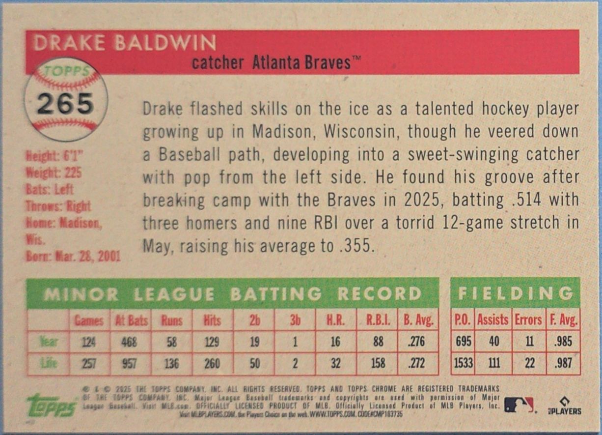 Drake Baldwin 2025 Topps Chrome Platinum Anniversary Rookie Refractor #265 (RC)