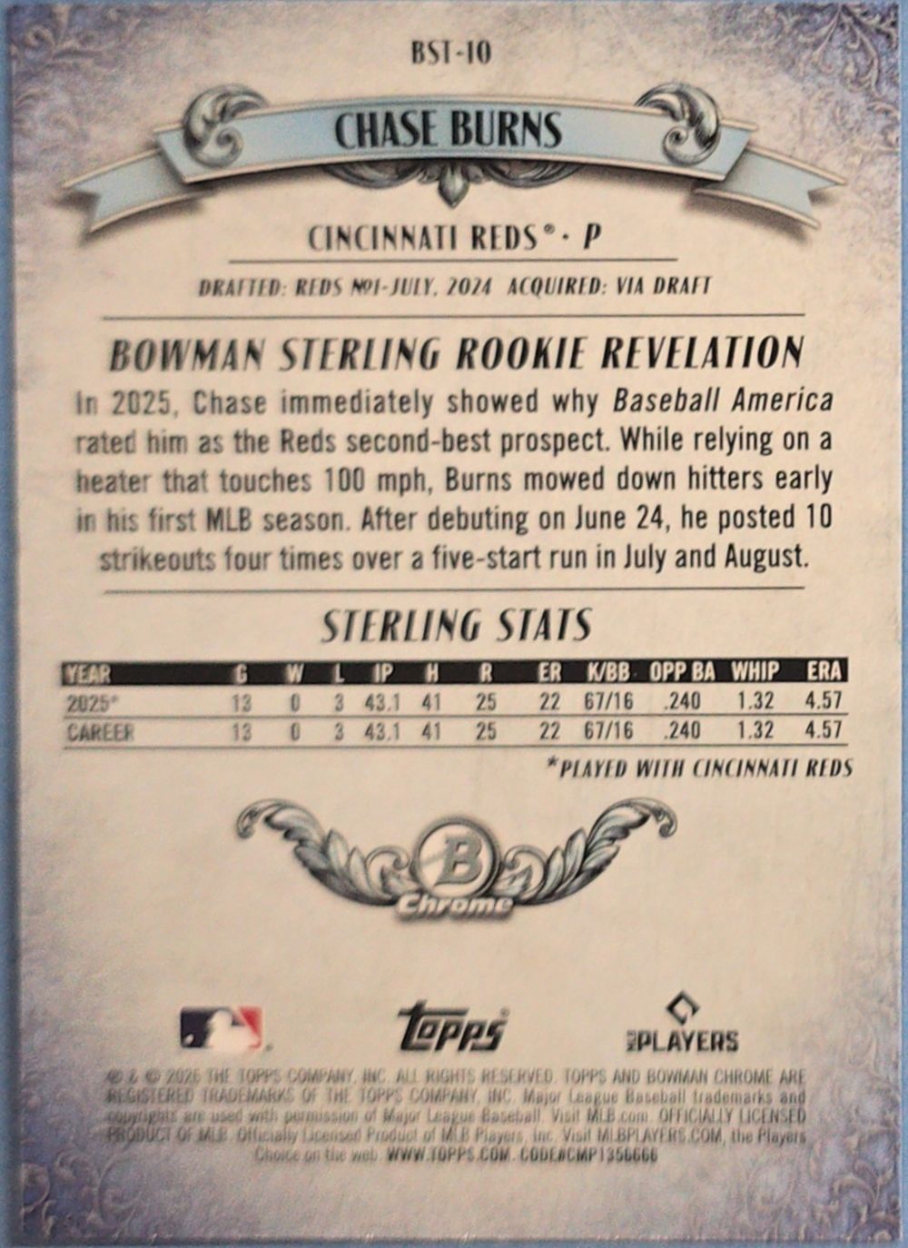 Chase Burns 2026 Bowman Chrome Sterling Rookie #BST-10 (RC)