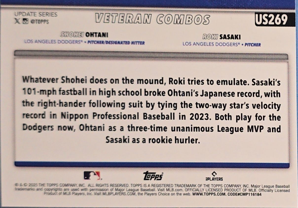 Shohei Ohtani & Roki Sasaki 2025 Topps Veteran Combos 'Rising Sons' #US269