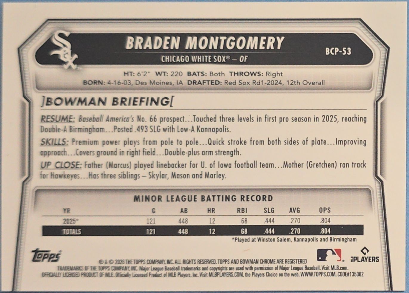 Braden Montgomery 2026 Bowman Chrome Prospects Green Geometric Refractor #BCP-53 (RC) /99