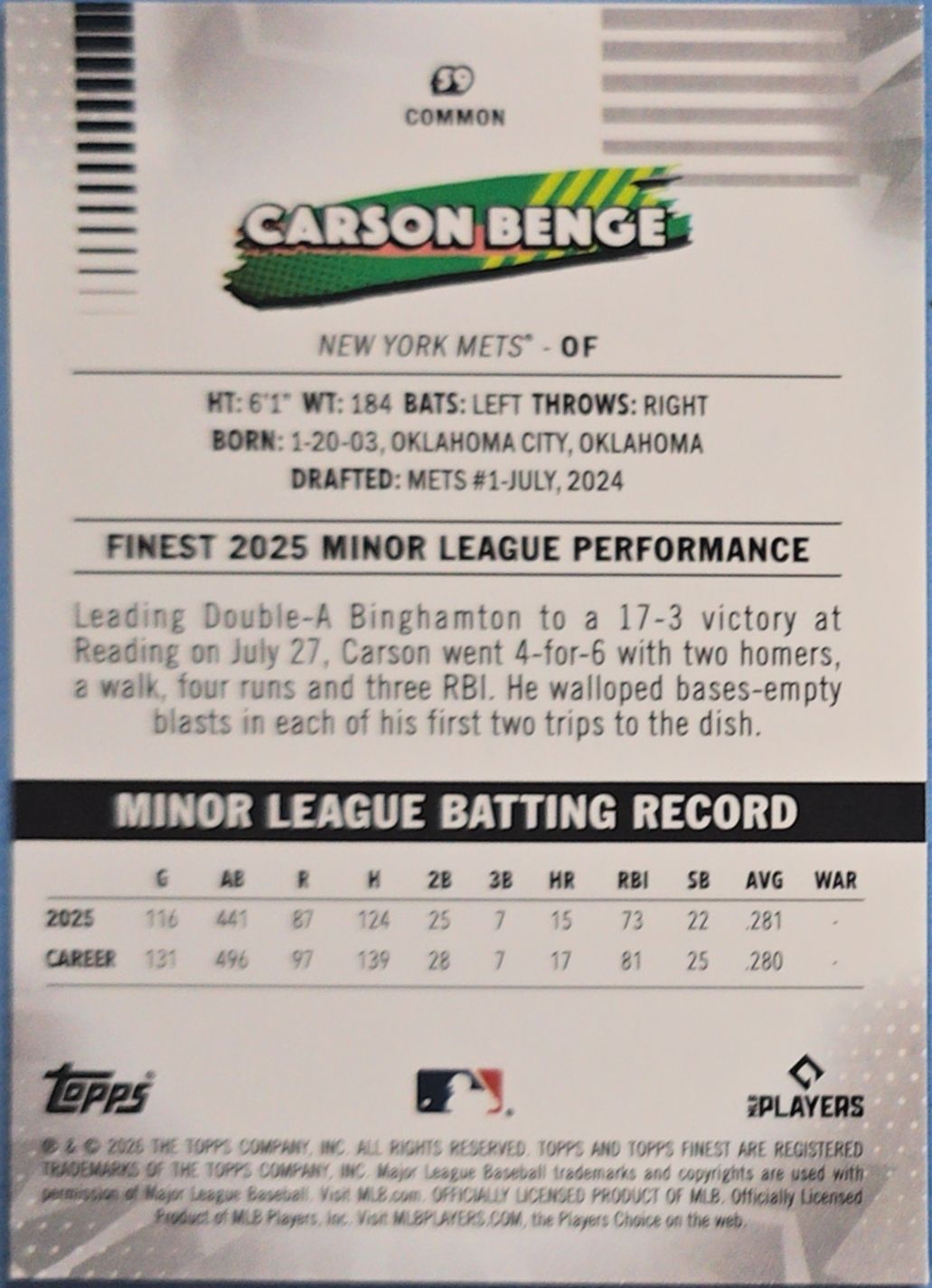 Carson Benge 2025 Topps Finest Rookie #59 (RC)