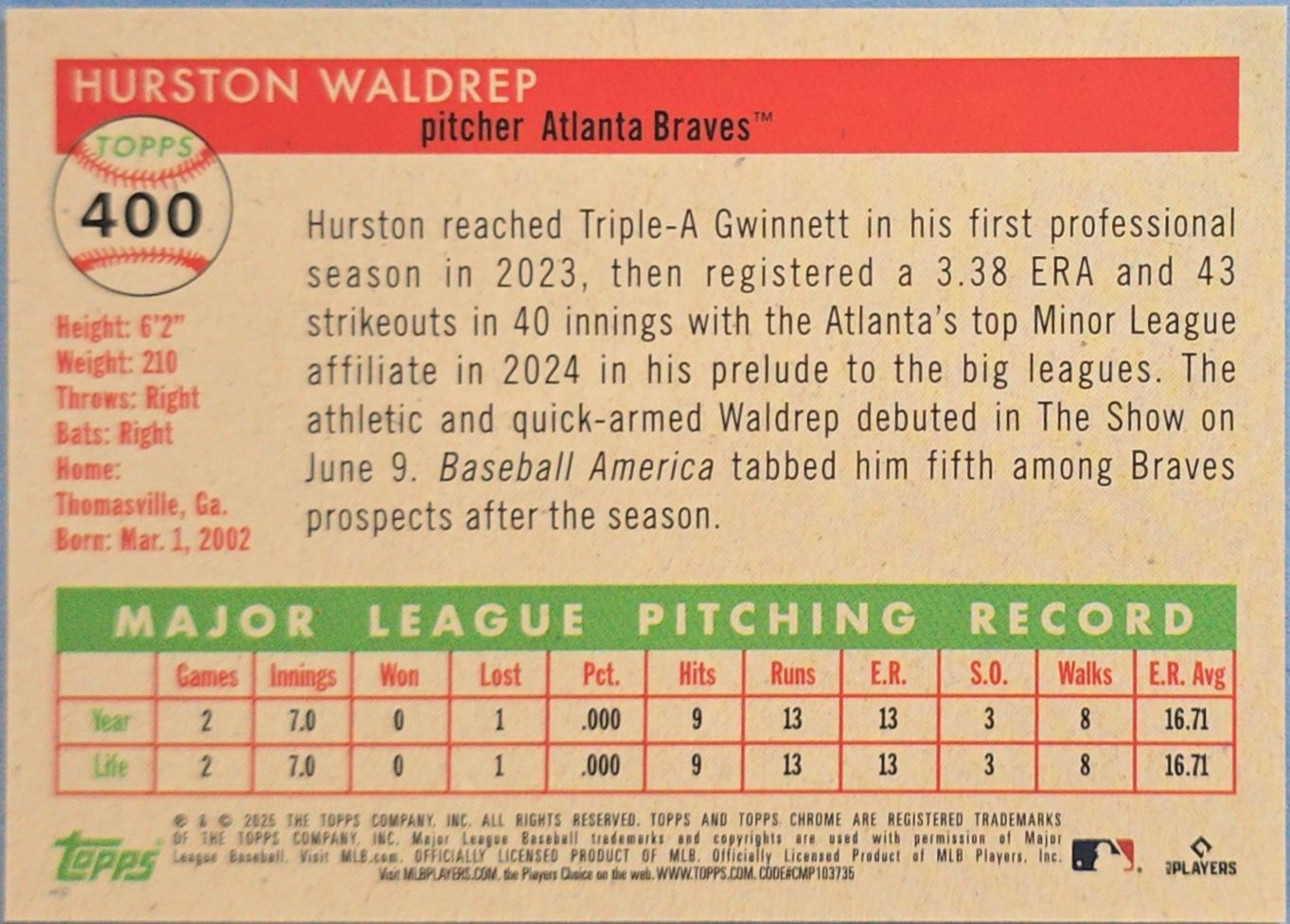 Hurston Waldrep 2025 Topps Chrome Orange Refractor Rookie #400 (RC) /25