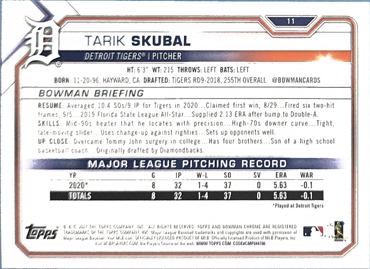 Tarik Skubal 2021 Bowman Rookie #11 (RC)