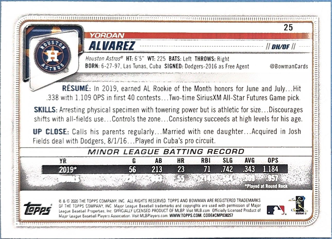 Yordan Alvarez 2020 Bowman Rookie #25 (RC)