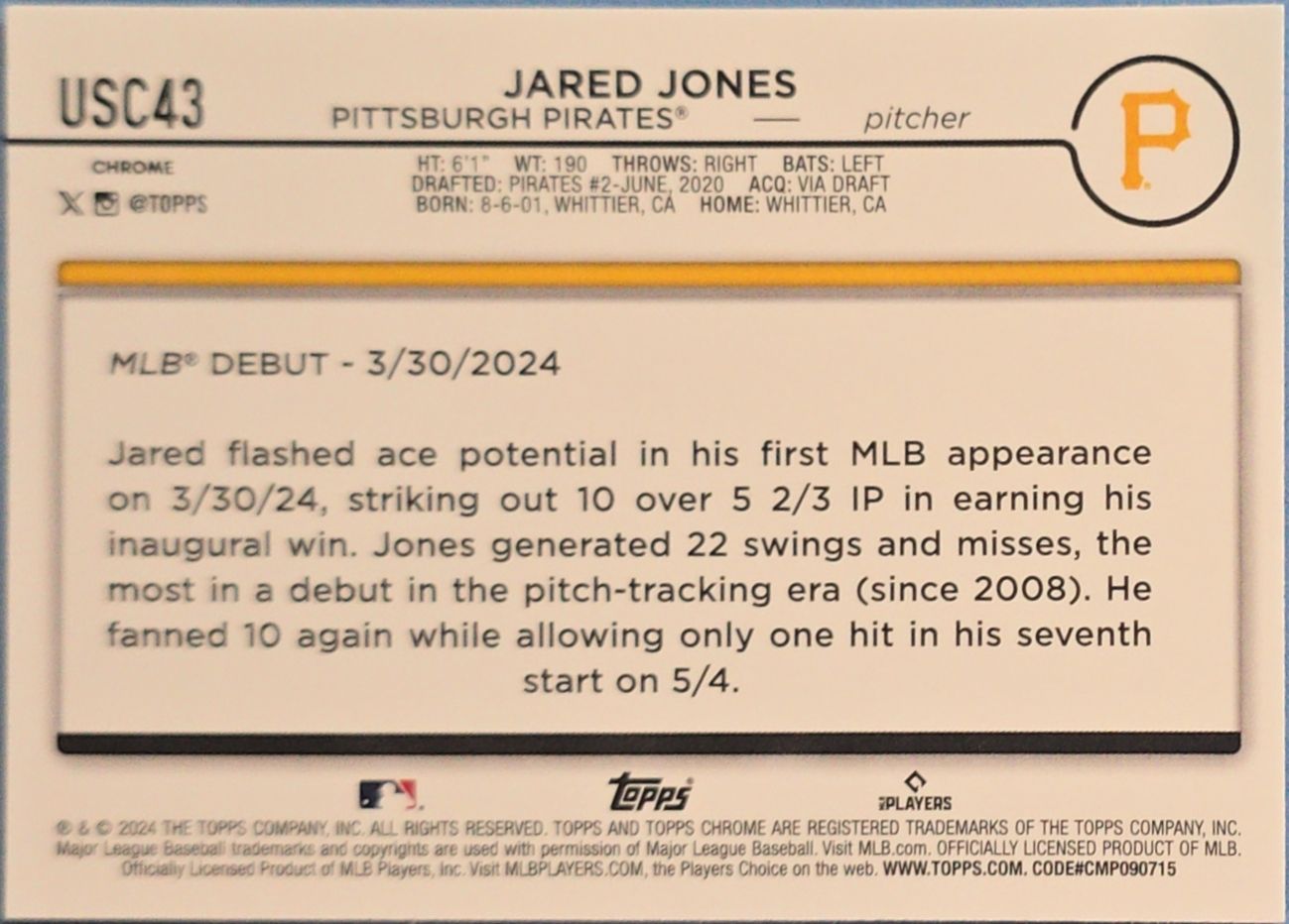 Jared Jones 2024 Topps Chrome Refractor Rookie #USC43 (RC)