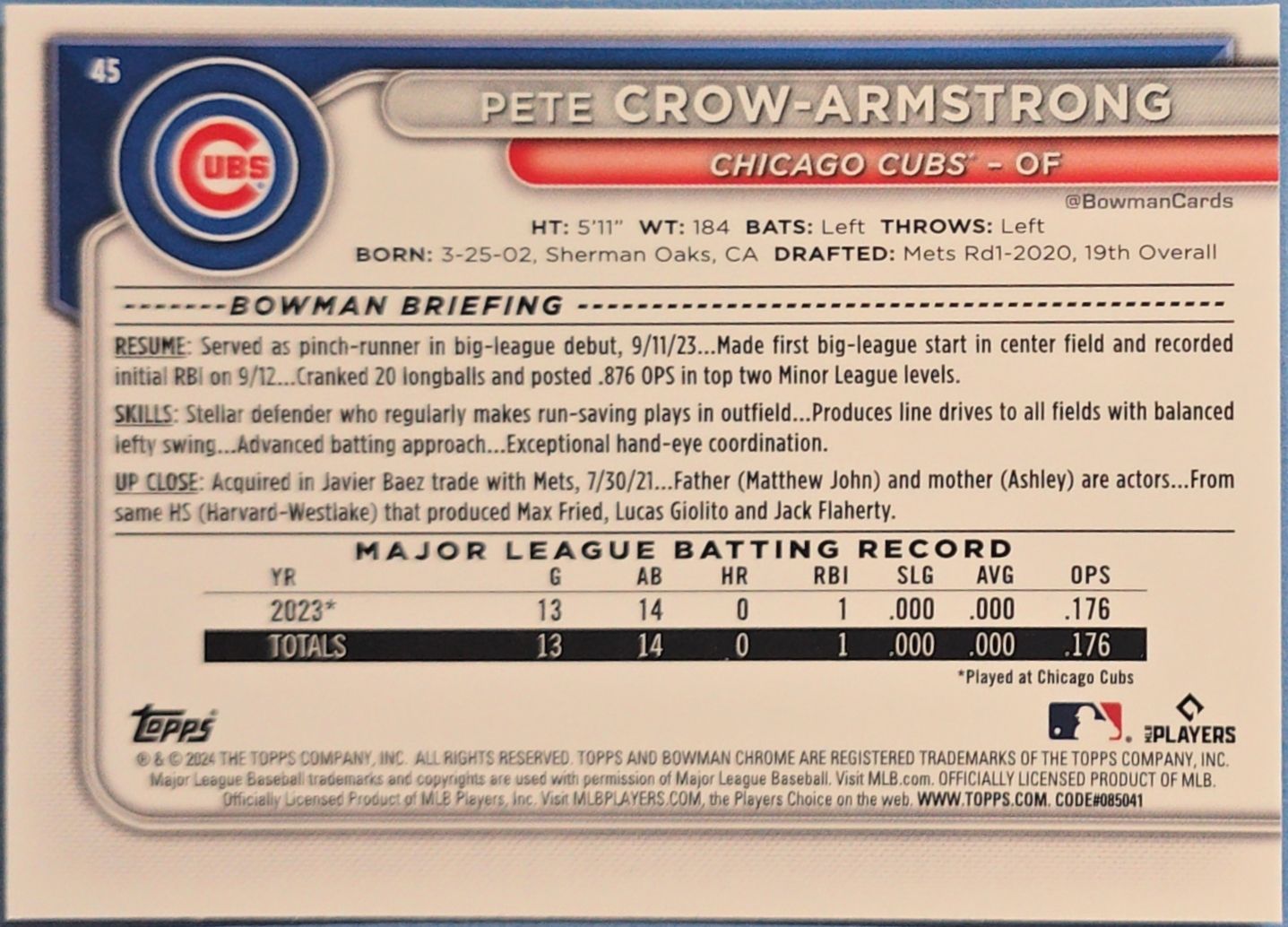 Pete Crow-Armstrong 2024 Bowman Chrome Rookie #45 (RC)