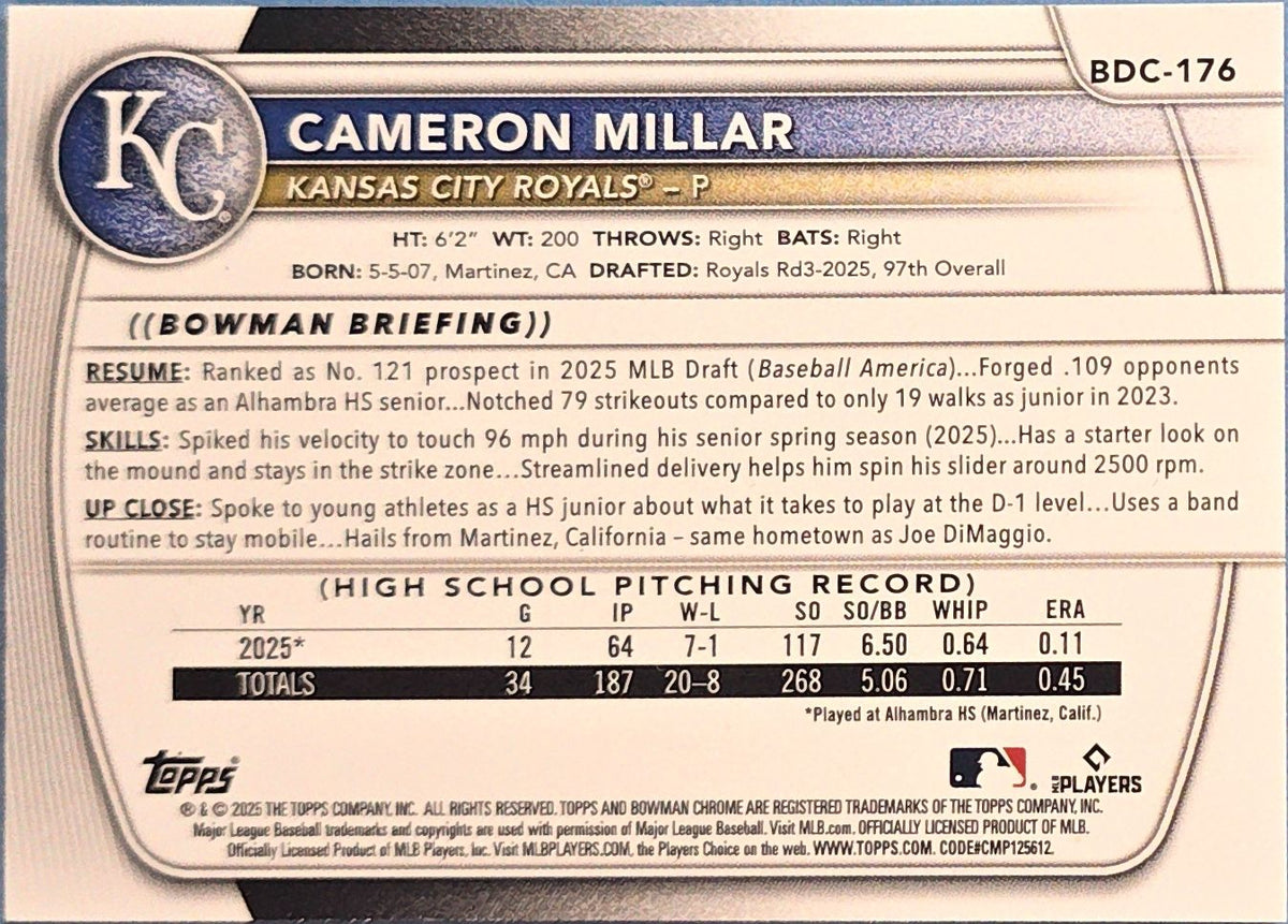 Cameron Millar 2025 1st Bowman Draft Chrome #BDC-176
