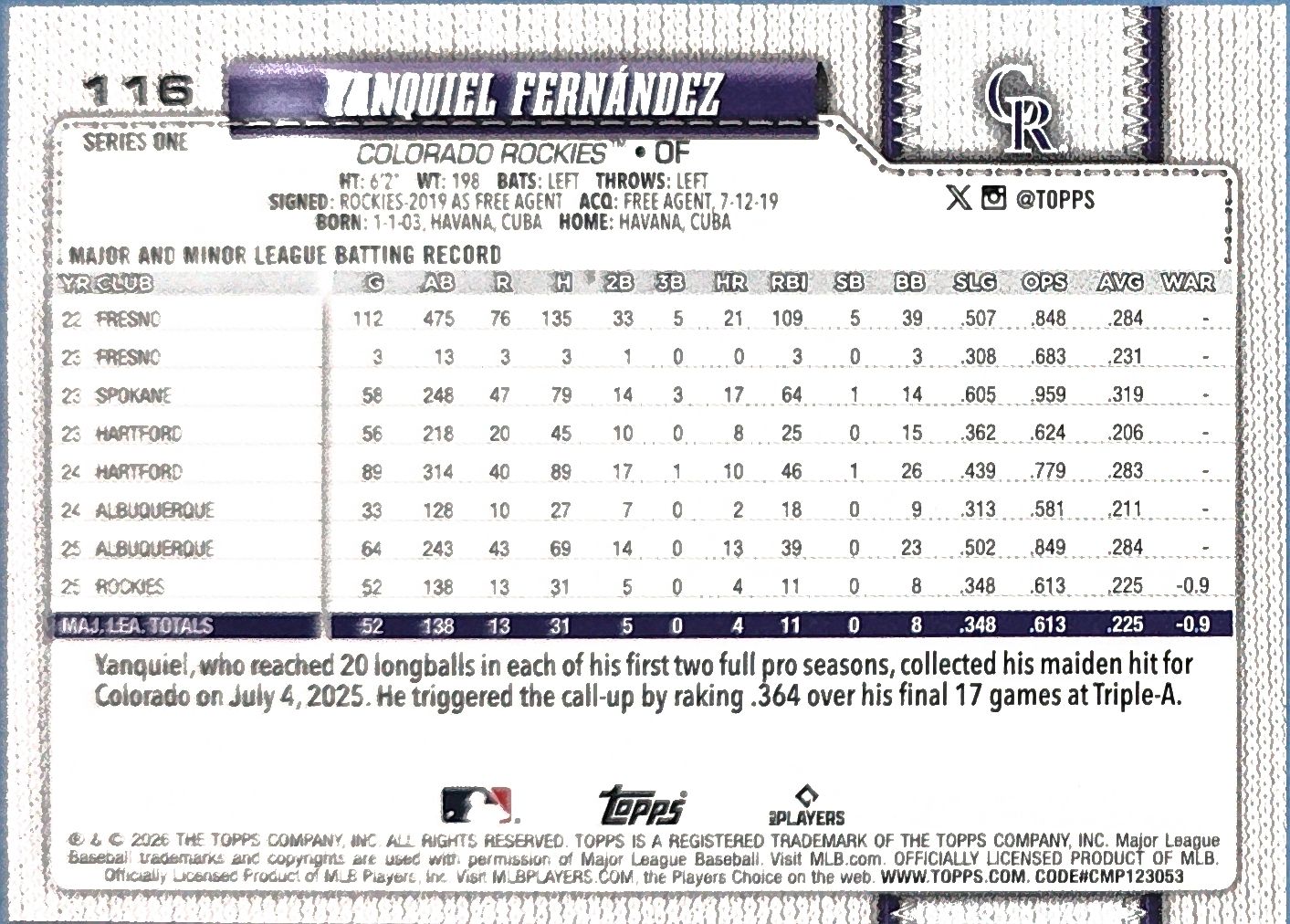 Yanquiel Fernández 2026 Topps Series 1 Pink Holo Foil Rookie #116 (RC)