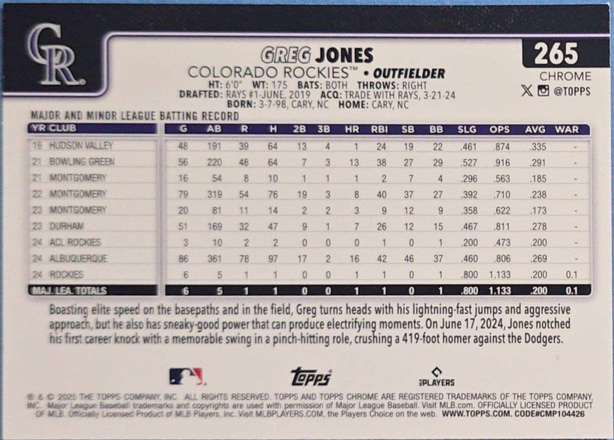 Greg Jones 2025 Topps Chrome Sapphire Edition Rookie #265 (RC)