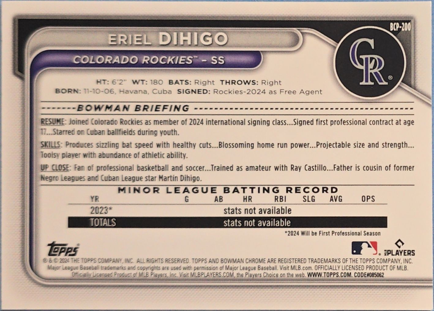 Eriel Dihigo 2024 1st Bowman Chrome Prospects Sapphire Edition Rookie #BCP-200 (RC)