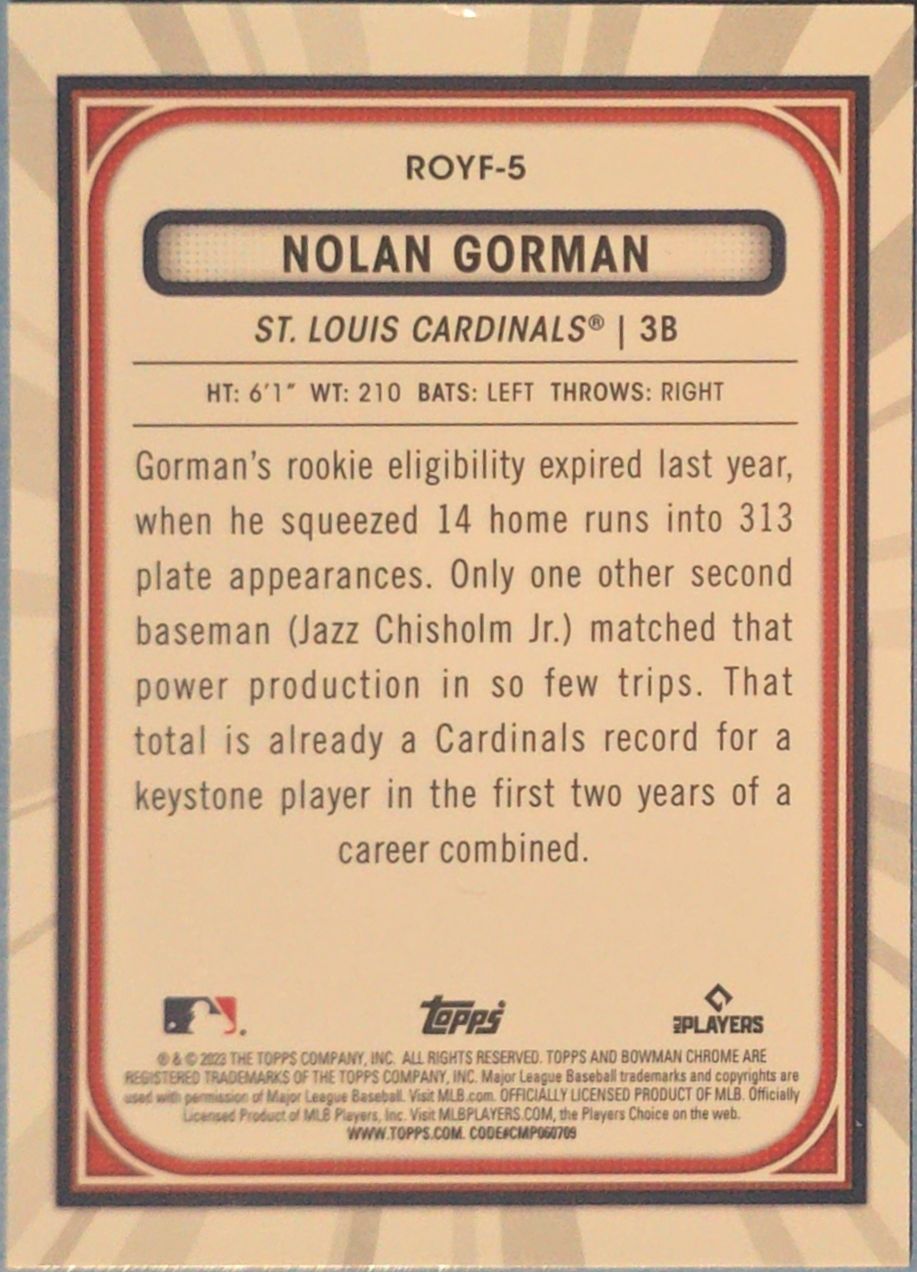 Nolan Gorman 2023 Bowman Chrome Rookie of the Year Favorites #ROYF-5 (RC)