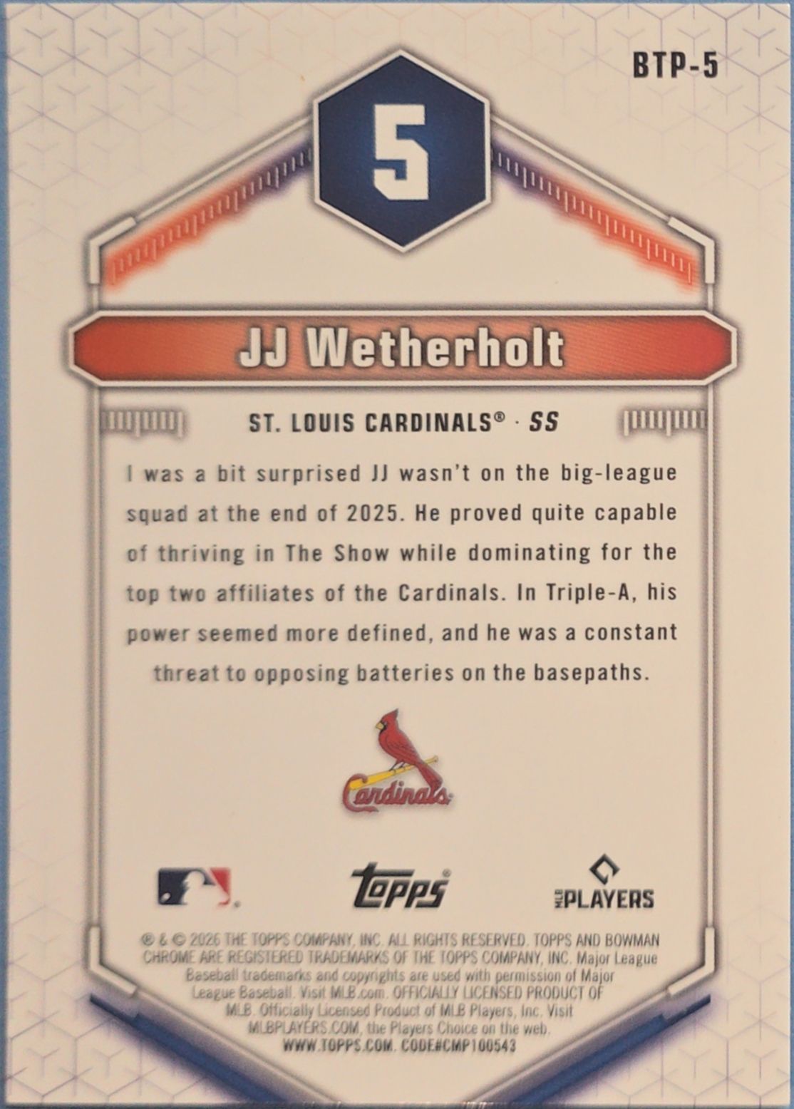 JJ Wetherholt 2026 Bowman Chrome -Bowman Scouts' Top 100 Rookie #BTP-5 (RC)
