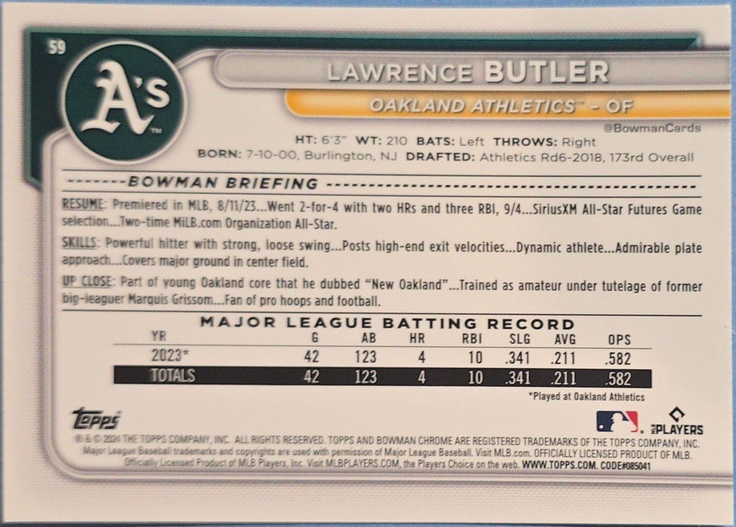Lawrence Butler 2024 Bowman Chrome Rookie #59 (RC)