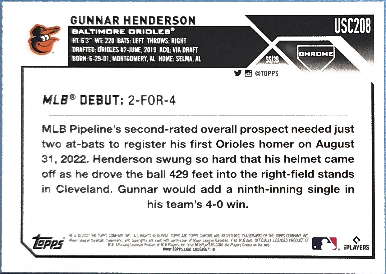 Gunnar Henderson 2023 Topps Chrome Update Series- Rookie Debut #USC208 (RC)